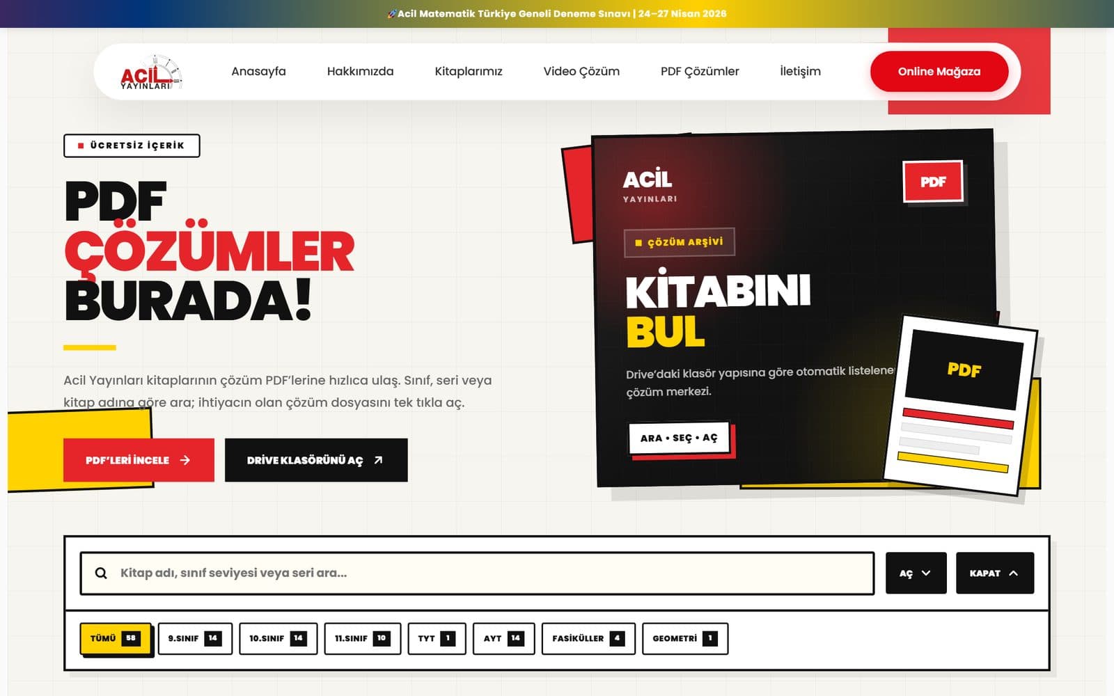 Acil Matematik aranabilir PDF çözüm arşivi tasarımı