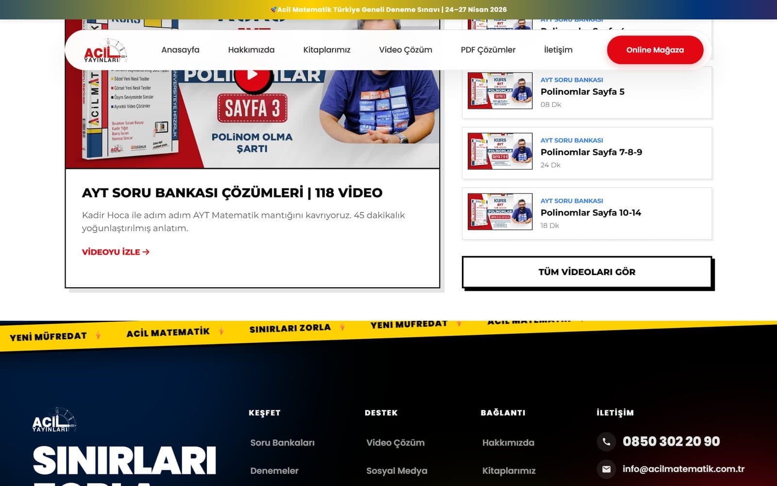 Acil Matematik video platformu oynatma listeleri tasarımı