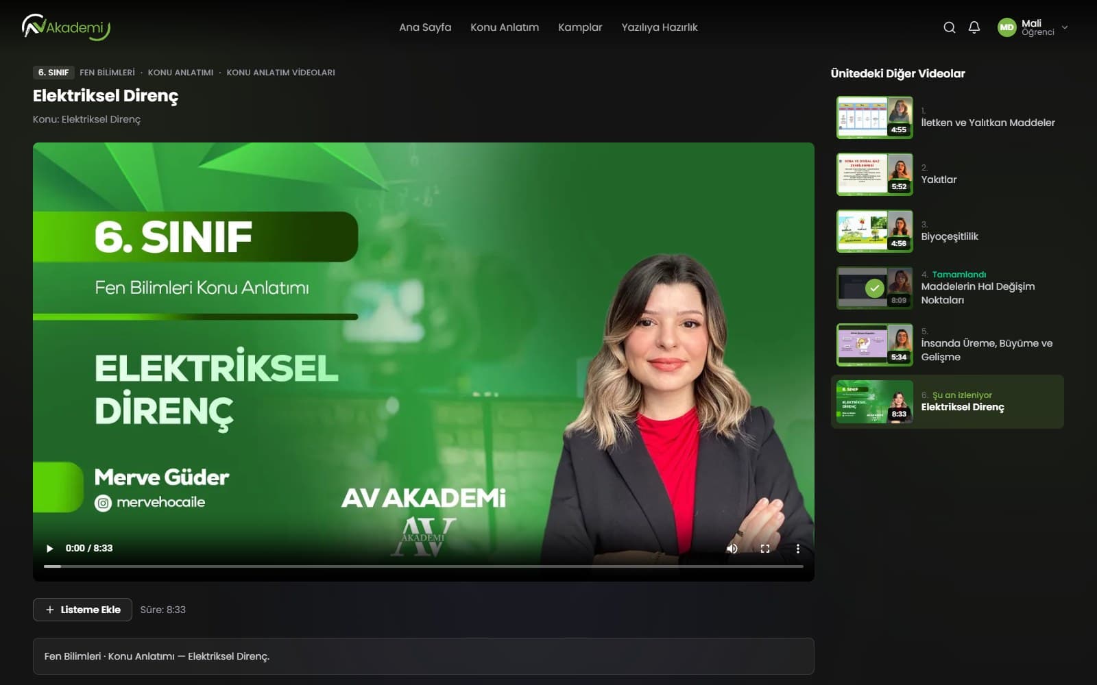 AV Akademi video izleme ekranı, ünite oynatma listesi ve tamamlanan ders işaretleri