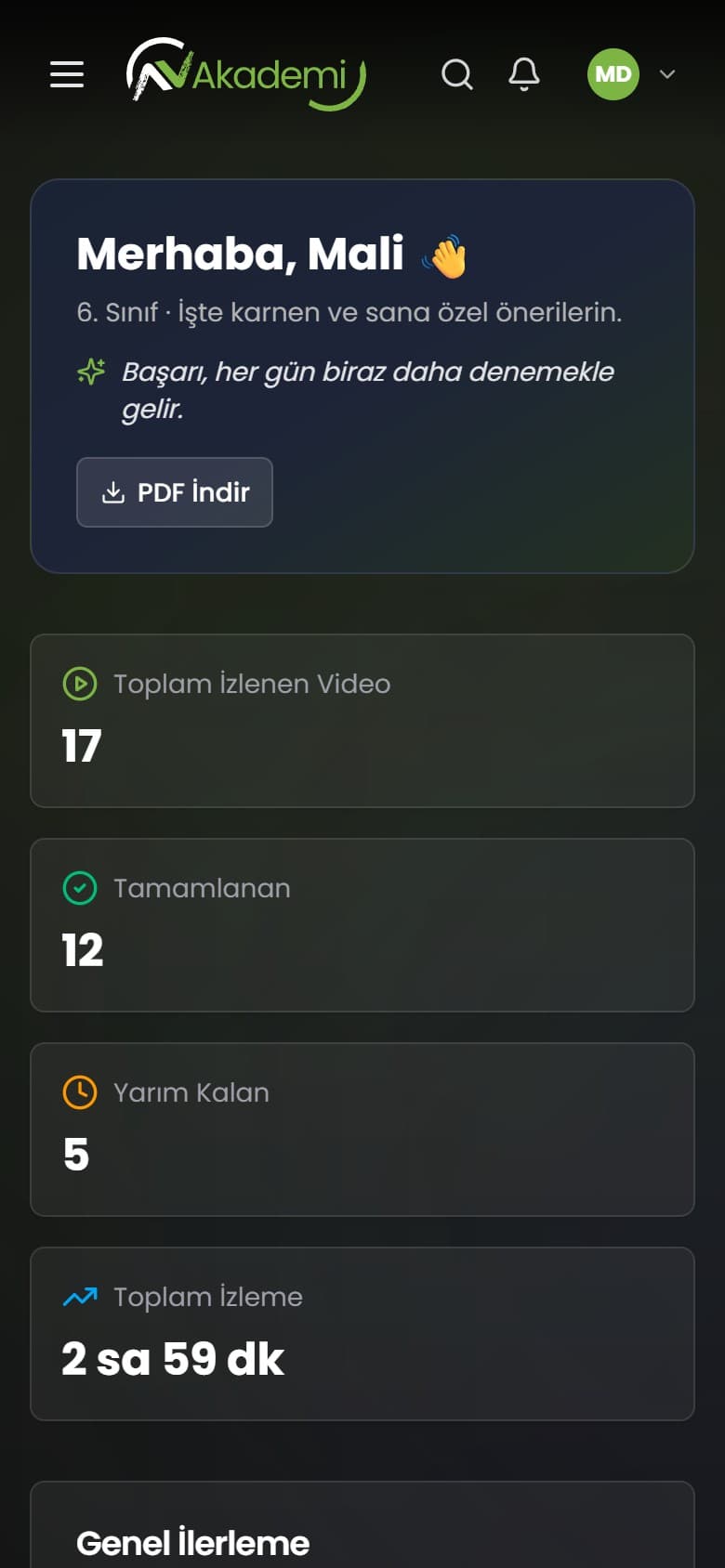 AV Akademi karnesinin mobil ekran görüntüsü