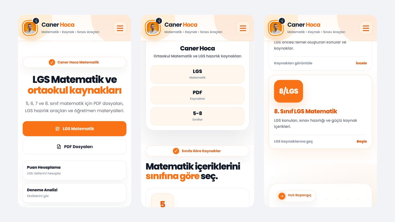 Caner Hoca web sitesi mobil ekranları, anasayfa ve kaynak bölümleri