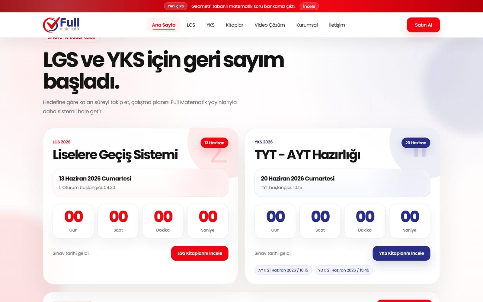 Full Matematik LGS ve YKS geri sayım sayaçları tasarımı