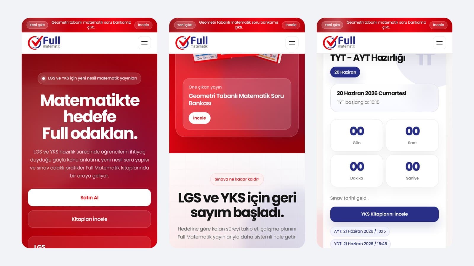 Full Matematik web sitesi mobil ekranları