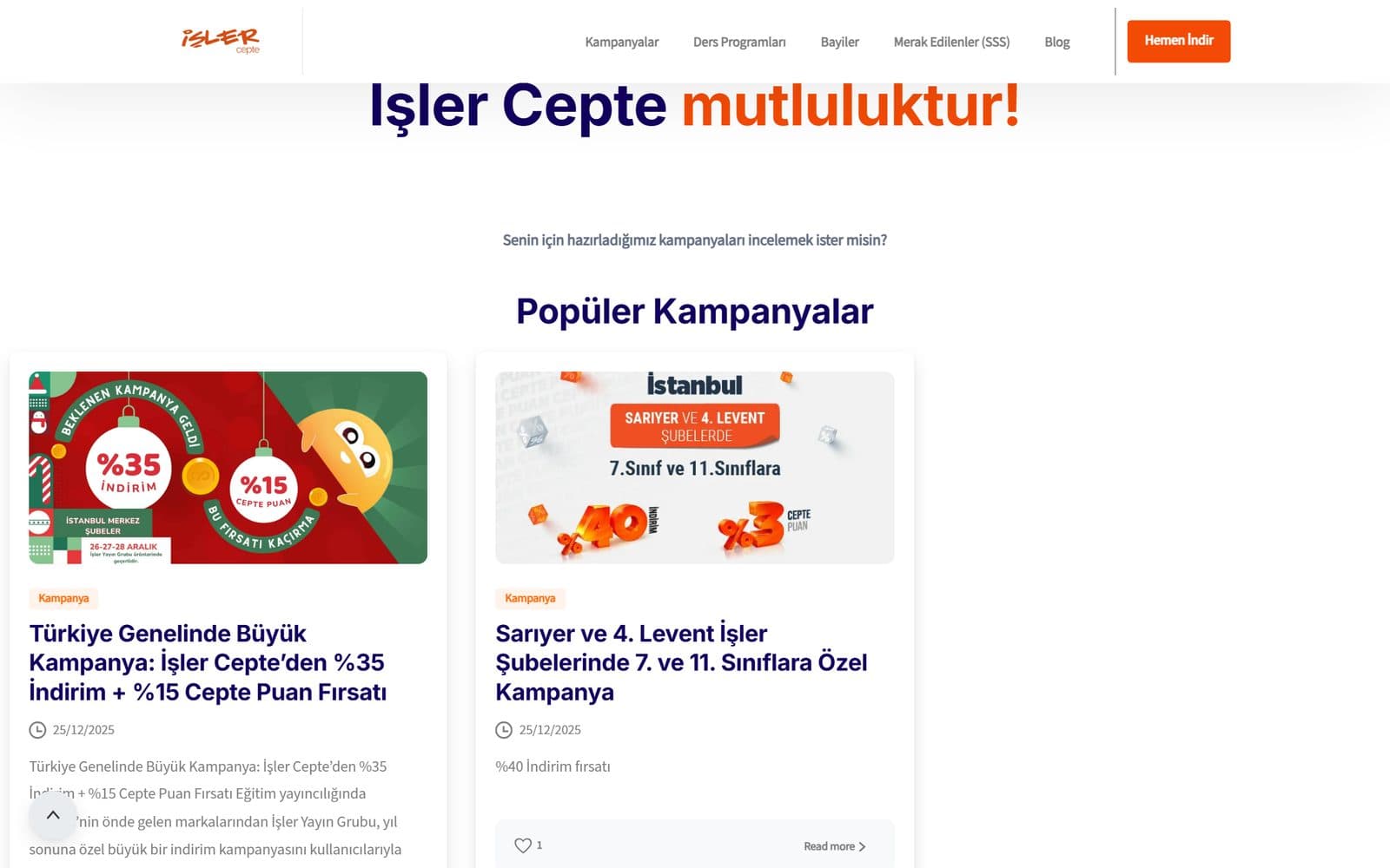 İşler Cepte popüler kampanyalar vitrini web tasarımı