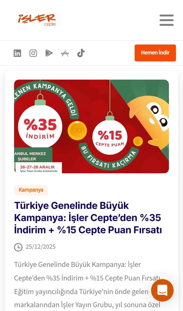 İşler Cepte kampanya sayfasının mobil ekran görüntüsü