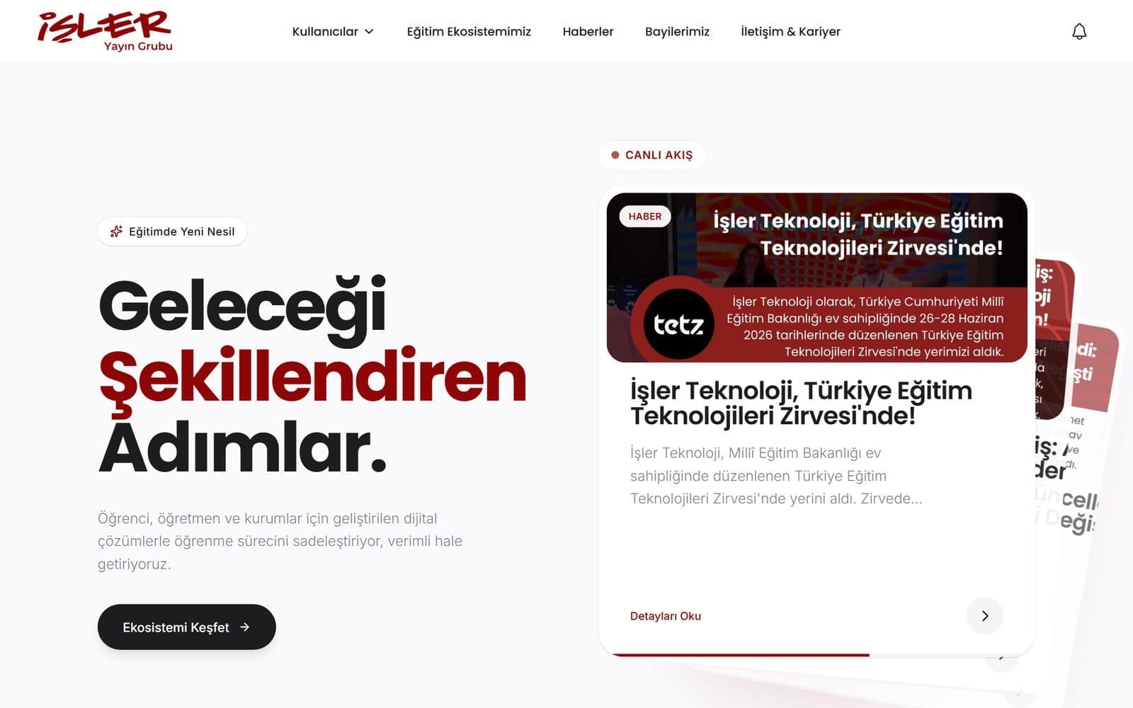 İşler Yayın Grubu kurumsal web sitesi anasayfa hero tasarımı