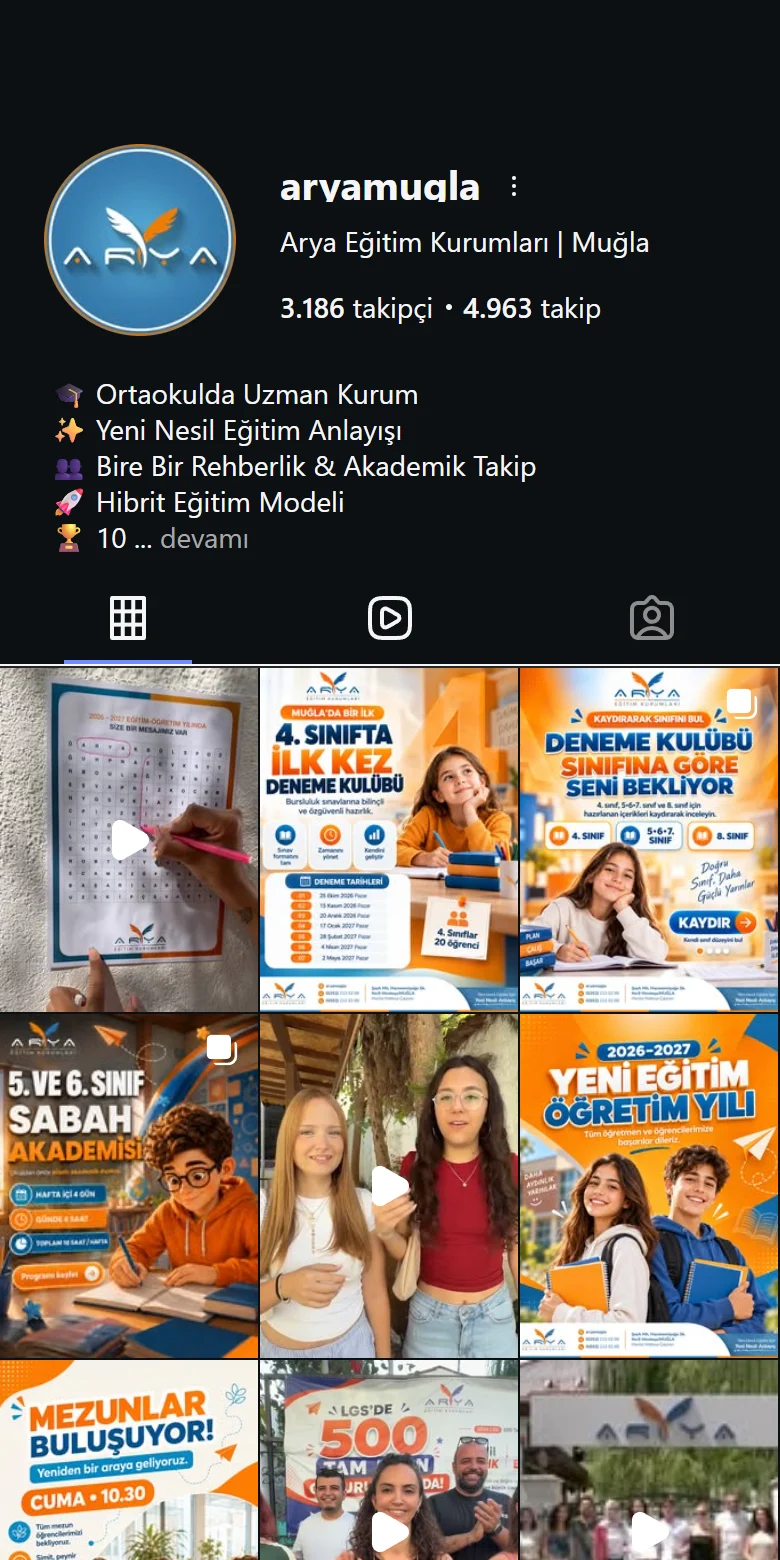 Arya Eğitim Kurumları instagram ekranı, @aryamugla