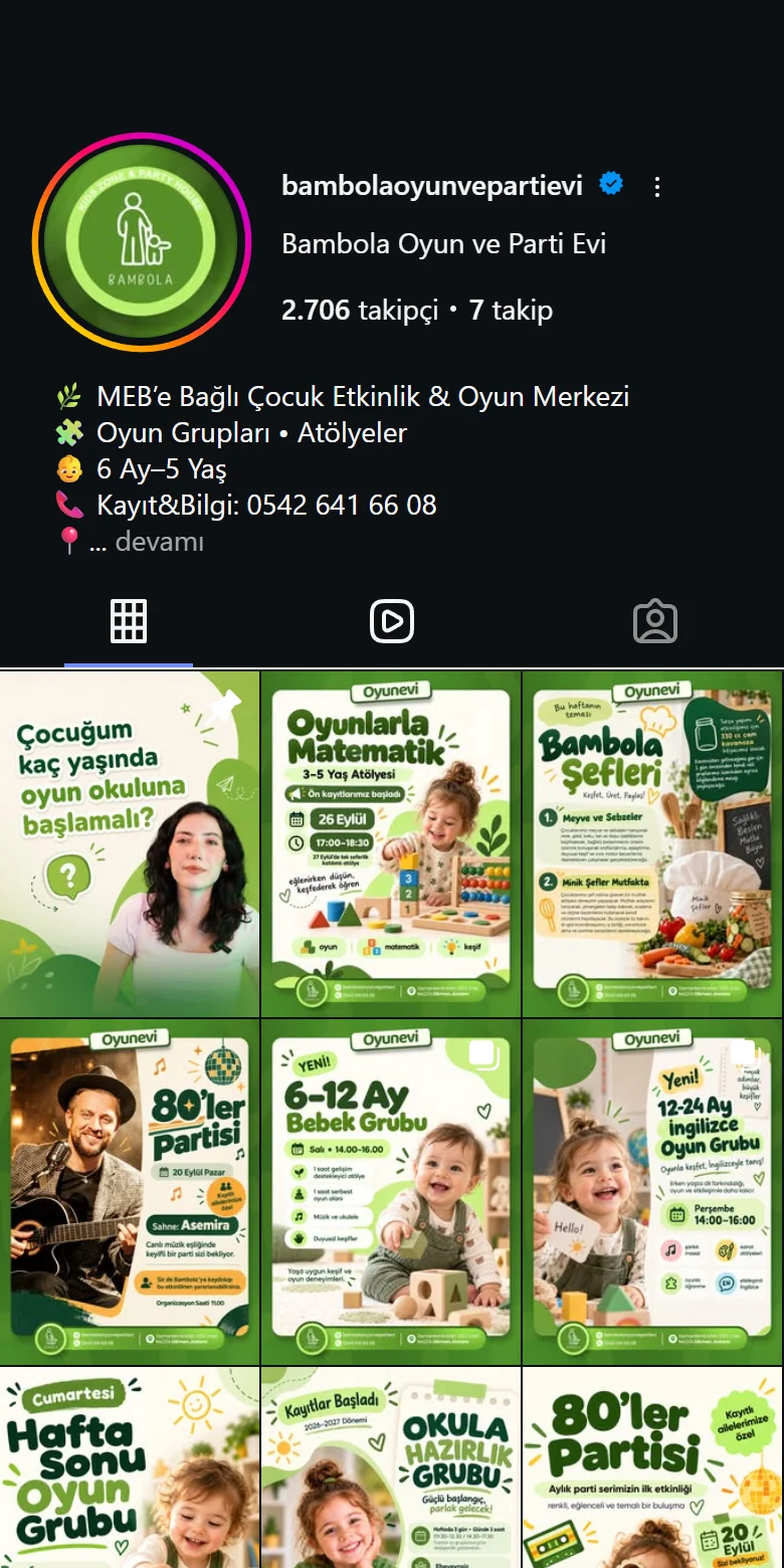 Bambola Oyun ve Parti Evi instagram ekranı, @bambolaoyunvepartievi