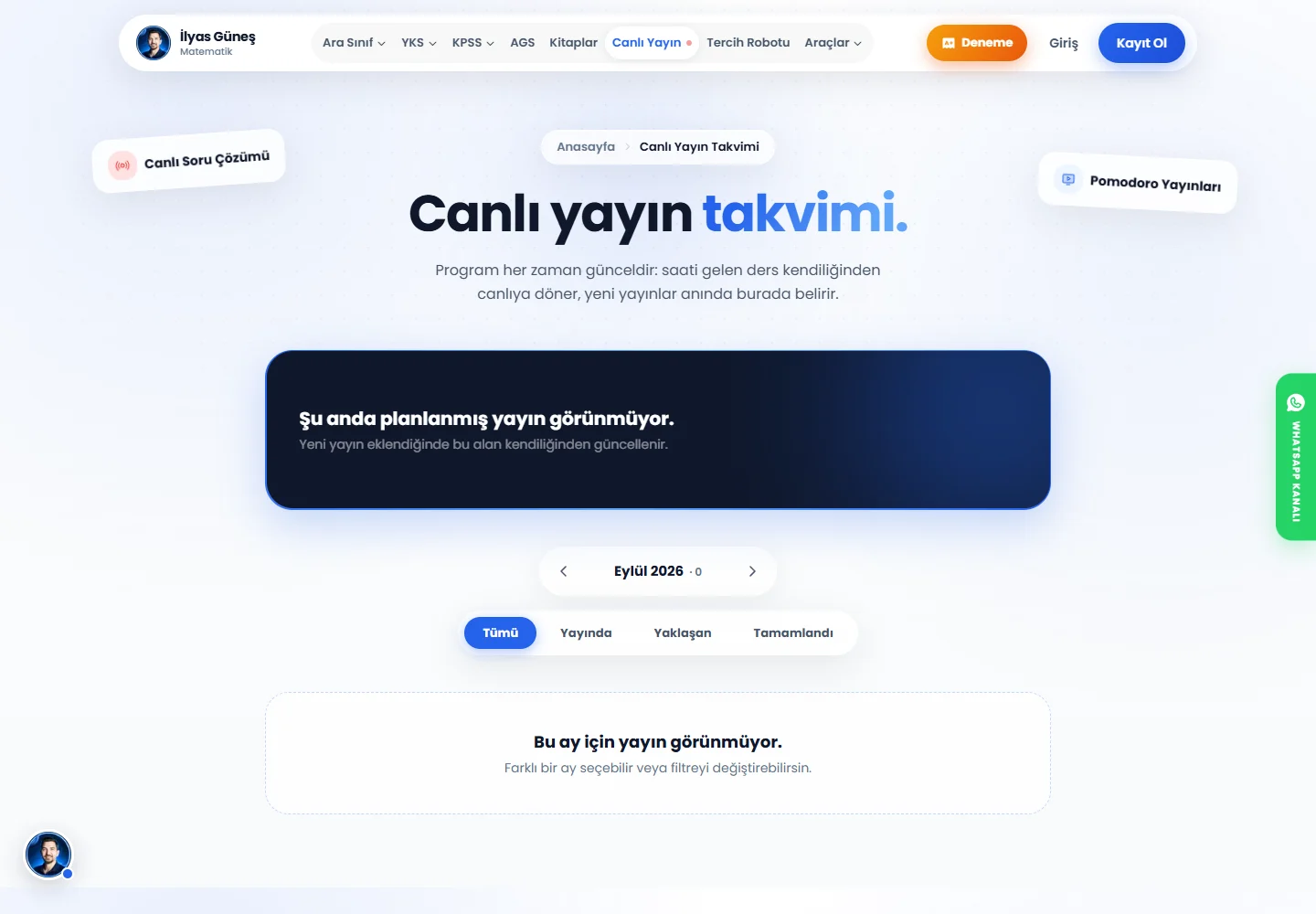 İlyas Güneş canlı yayın takvimi ekranı, ilyasgunes.com