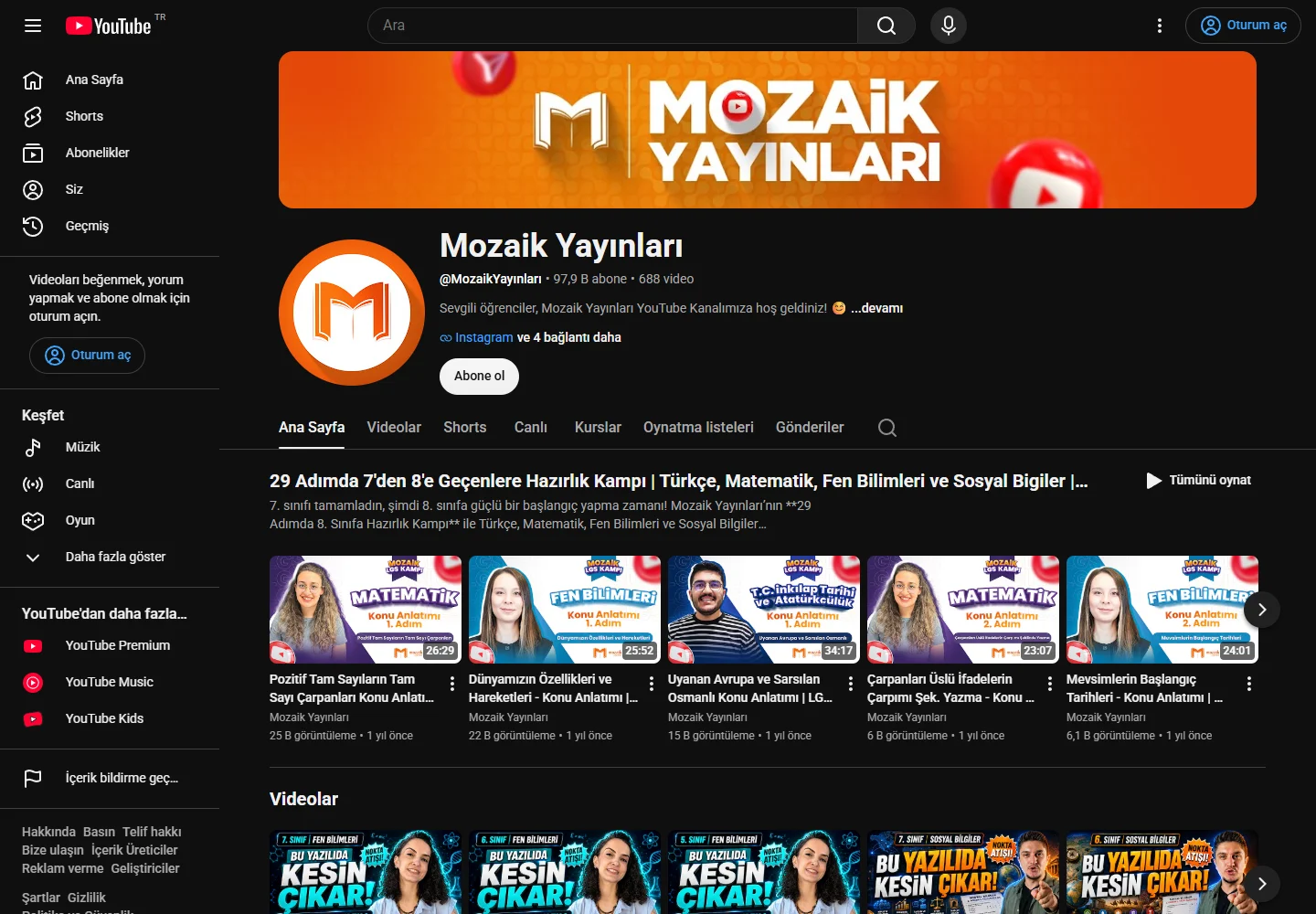 Mozaik Yayınları youtube ekranı, @MozaikYayınları